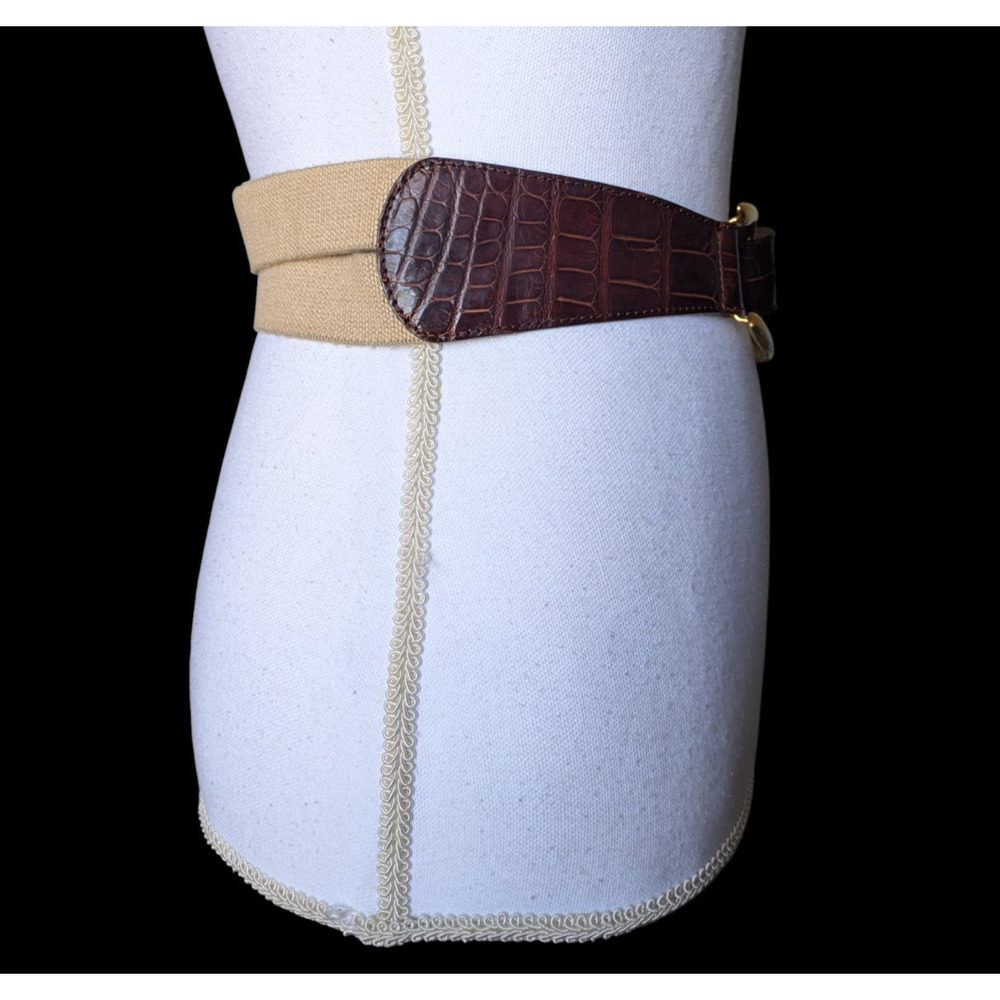 Vintage Donna Karan Geniune Alligator Brown Canvas Waist Belt Petite Small Italy - Picture 10 of 13